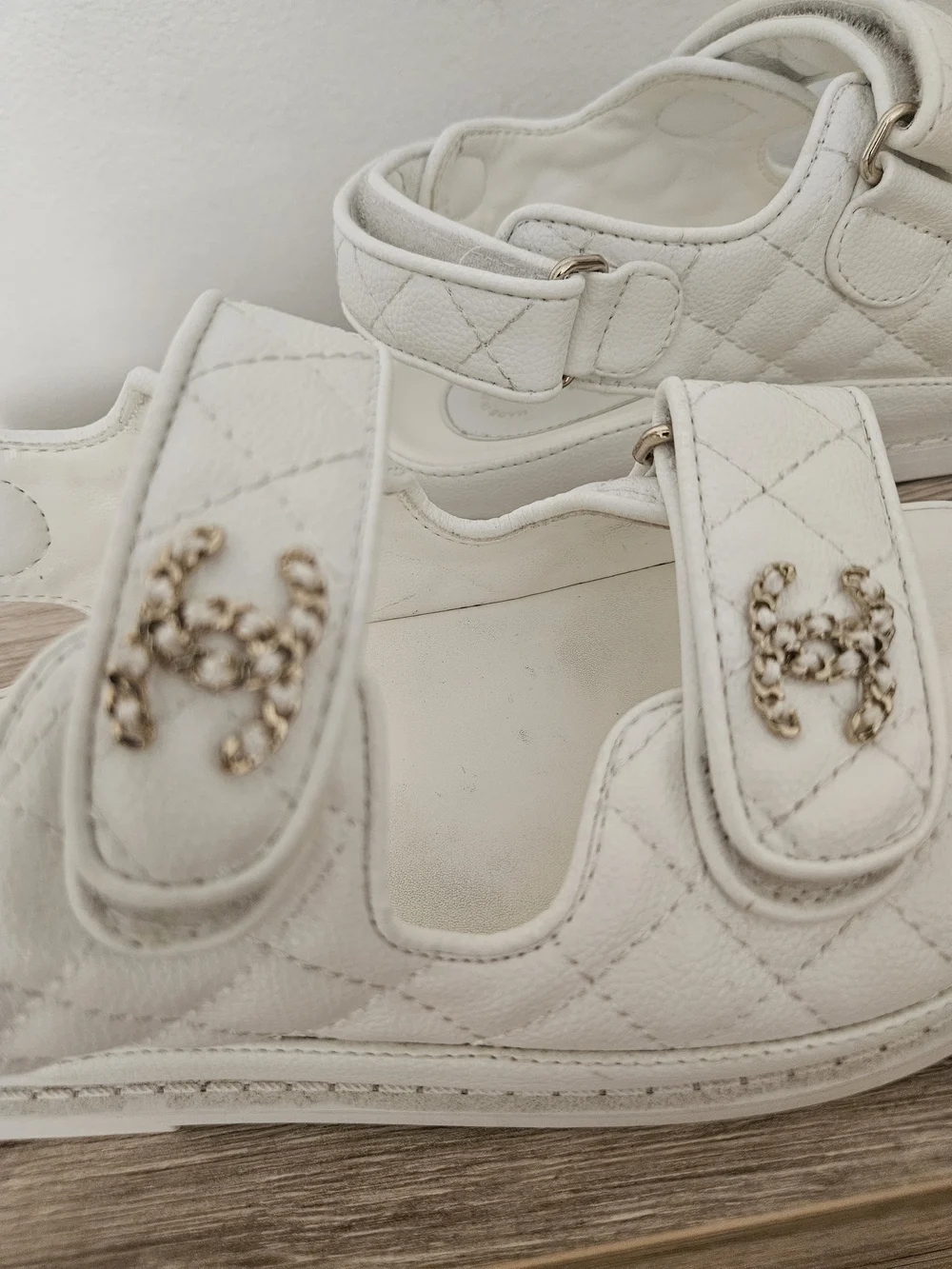 Cream Quilted Velcro Sandals with Gold CC Hardware